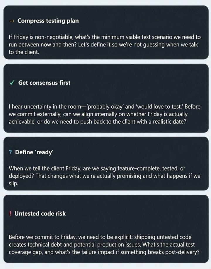 AskSharper's suggestion window floating over a Windows desktop: four dark cards, each with a title and a suggested line — 'Compress testing plan', 'Get consensus first', 'Define ready', and 'Untested code risk'.